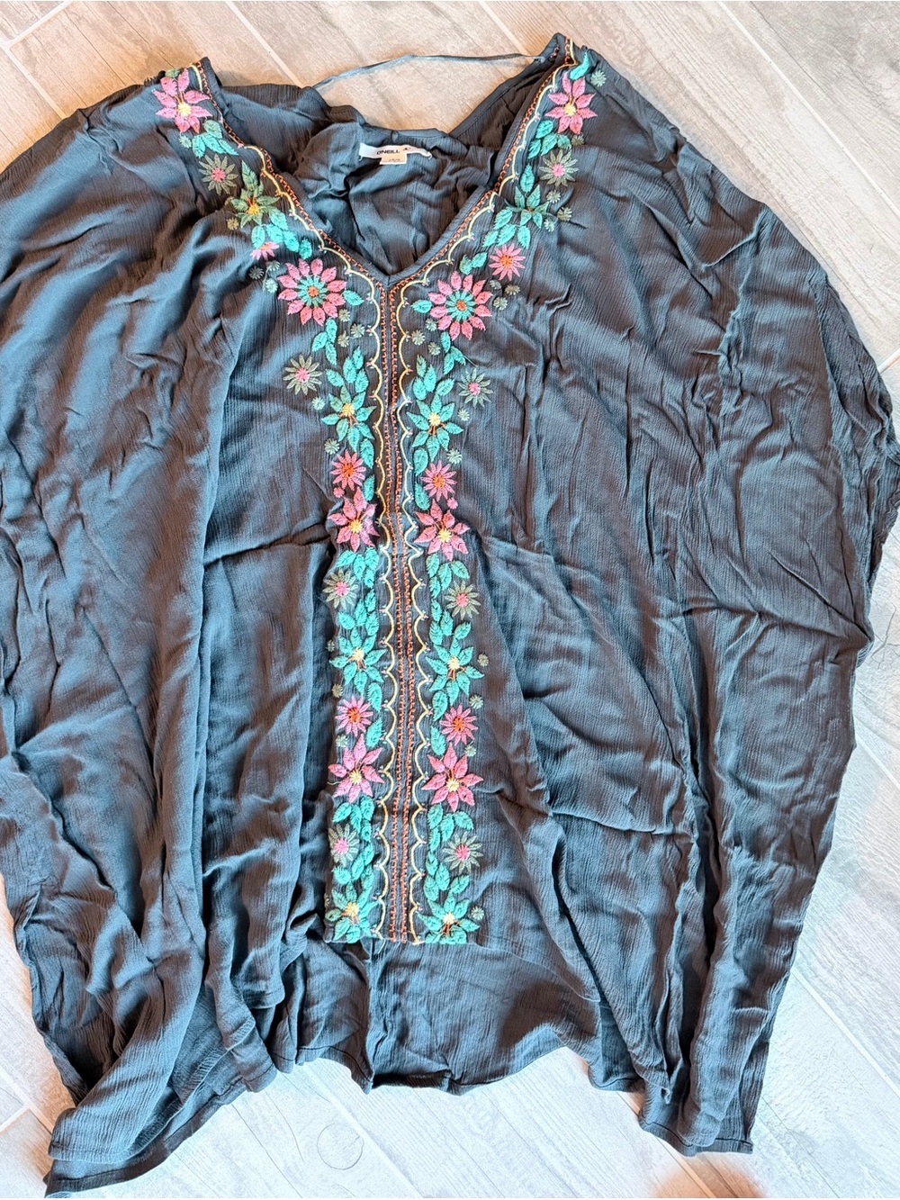 O'Neil Embroidered V-Neck Boho Top/cover up in Charcoal with Floral Accents